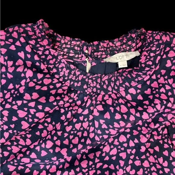 LOFT Dark Blue Blouse with Pink Heart Pattern - Picture 1 of 2